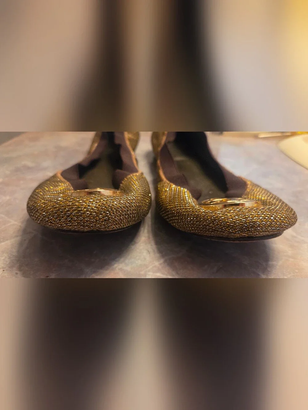 Tory Burch Metallic Gold Glitter Ballet Flats with Logo Medallion